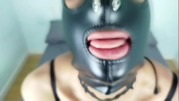 Petty BDSM slut sucking cock deepthroat slapping and spitting her face with slave leather mask