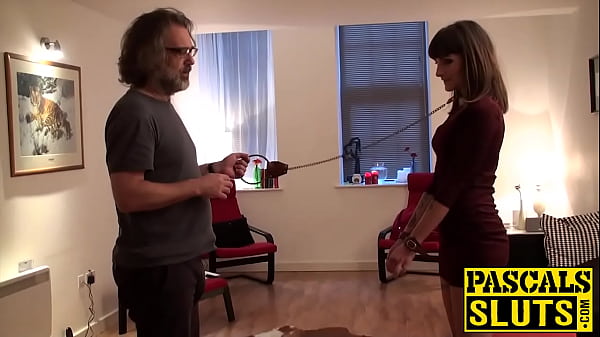 Sub girl with big boobs fucks with leash around her neck